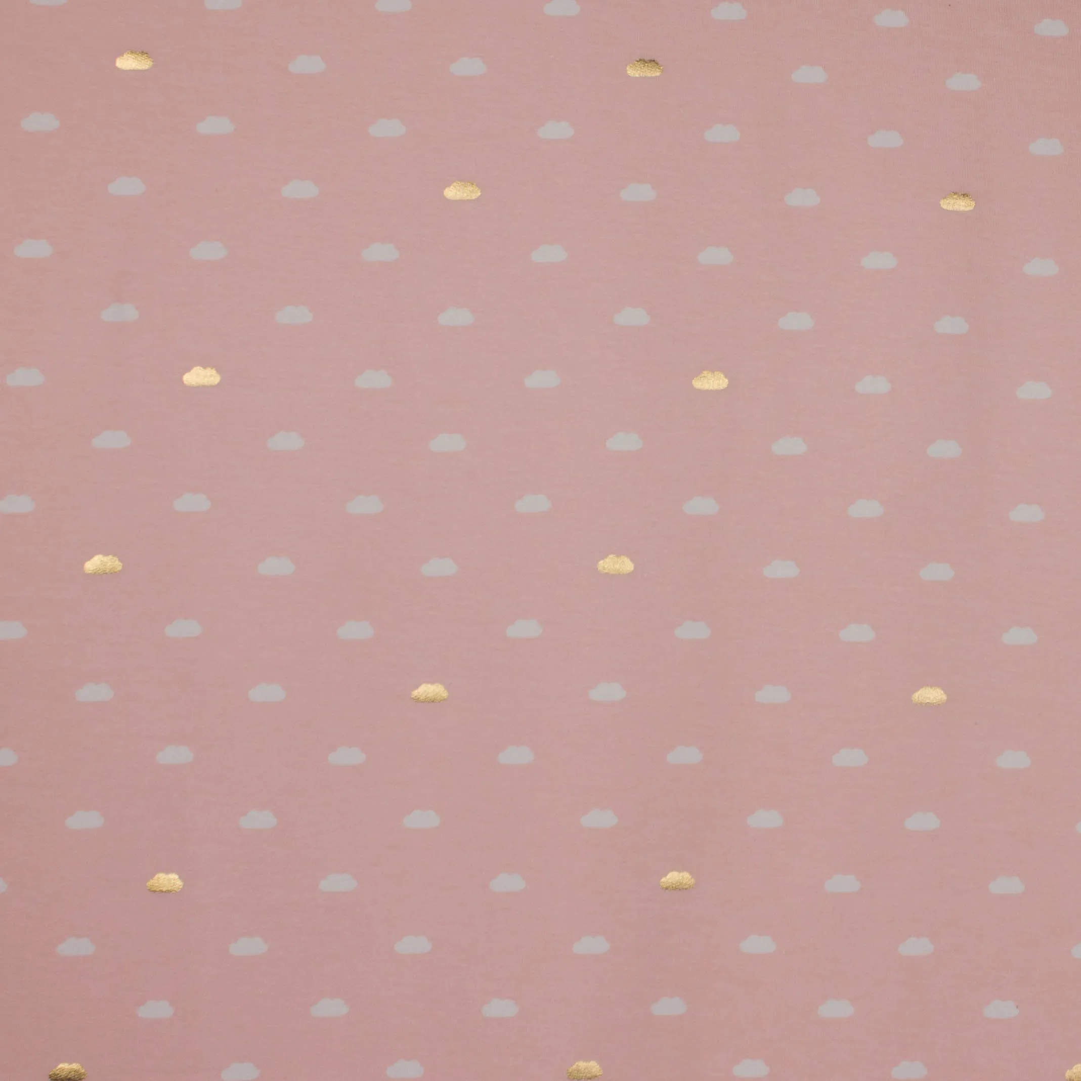 Lichtroze french terry met witte en gouden wolkjes - About blue fabrics