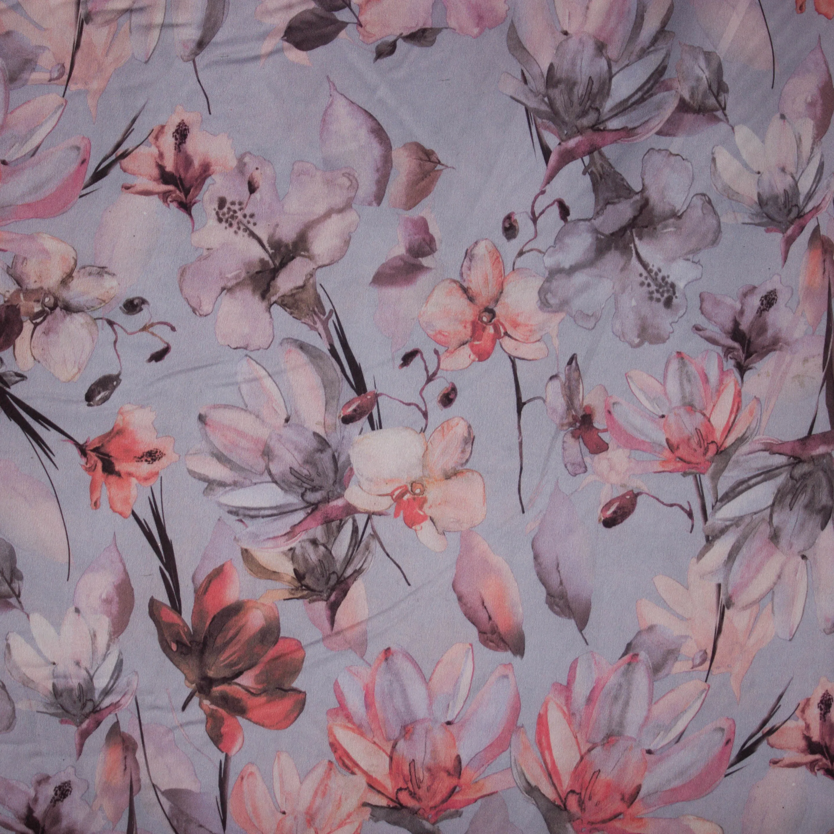 Grijsblauwe polyester met aquarel bloemen
