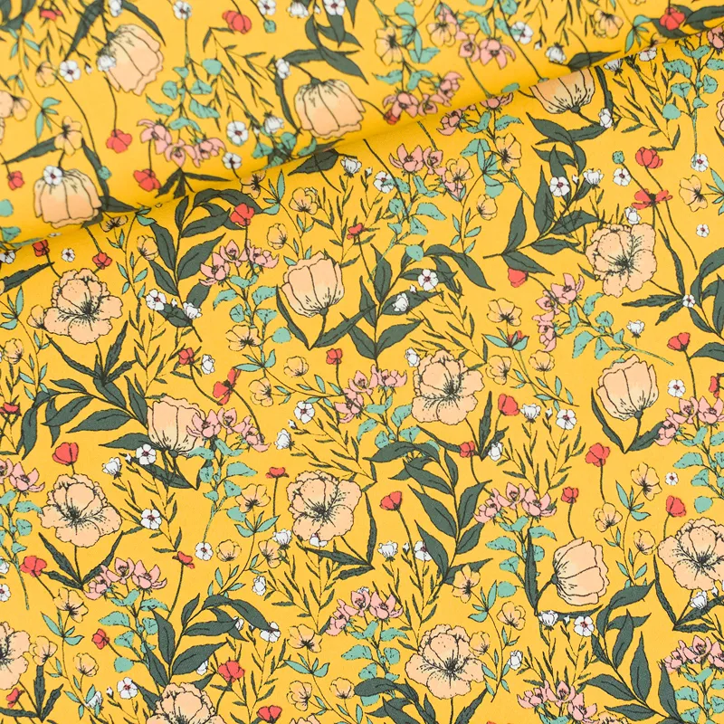 Gele lycra tricot  met bloemen 'summer flowers' - See you at six