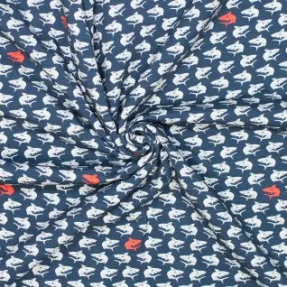 Tricot blauw met licht blauwe en rode haaien