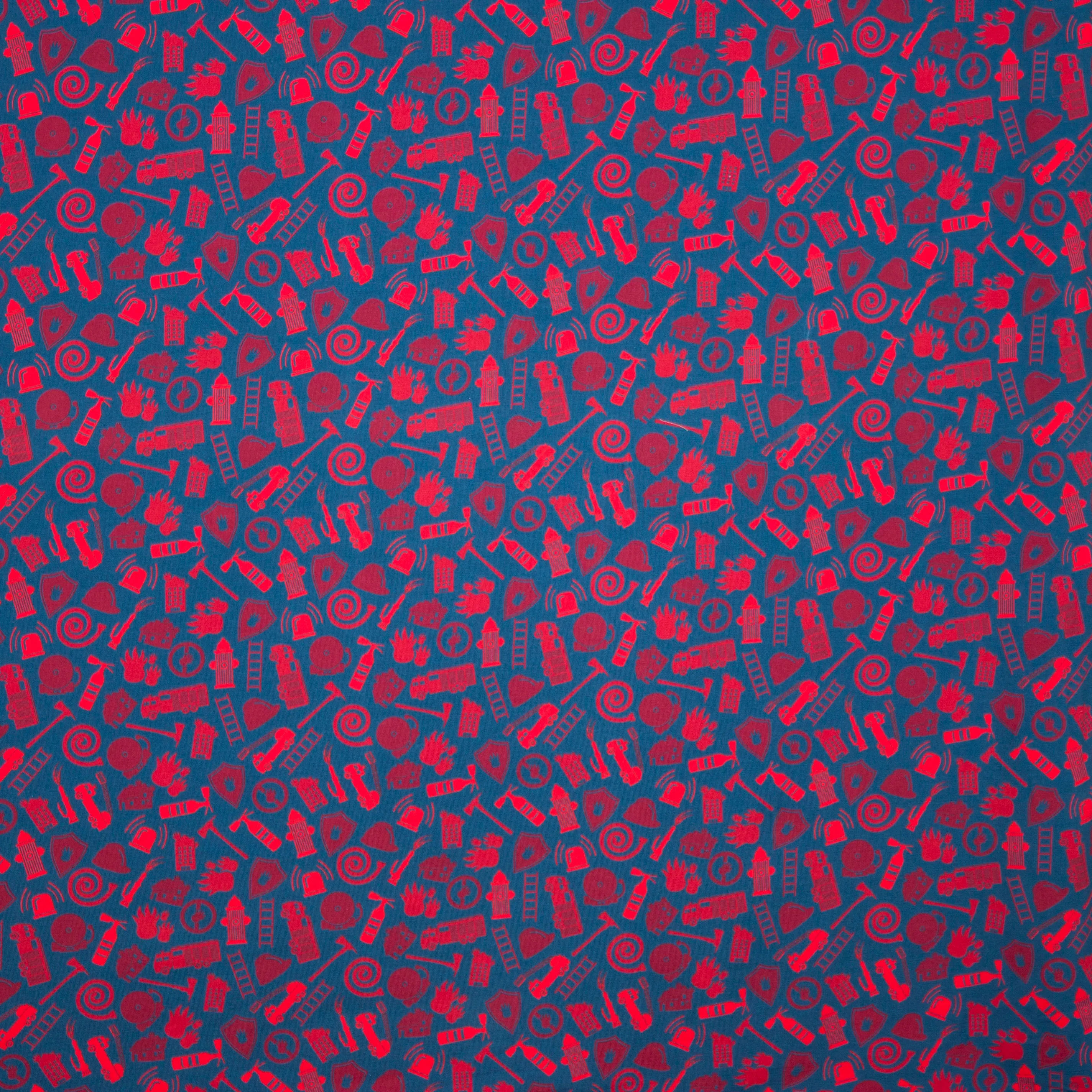 Donkerblauwe tricot met rode brandweermotiefjes