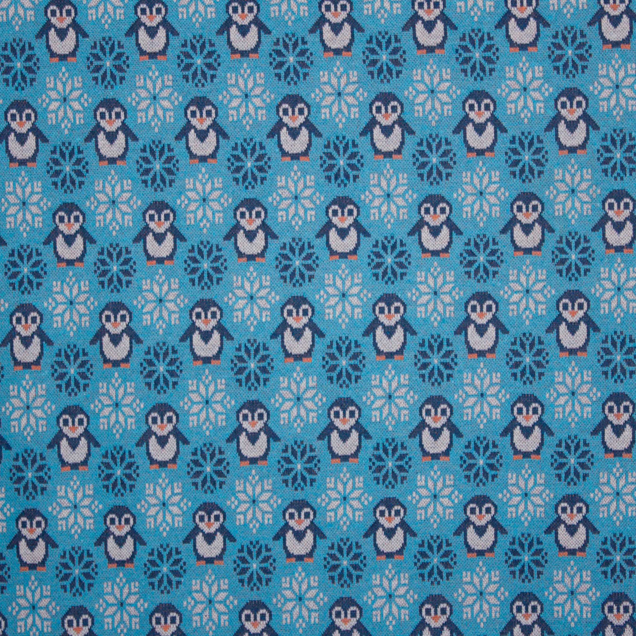 Turquoise jacquardtricot met pinguïns en ijskristallen