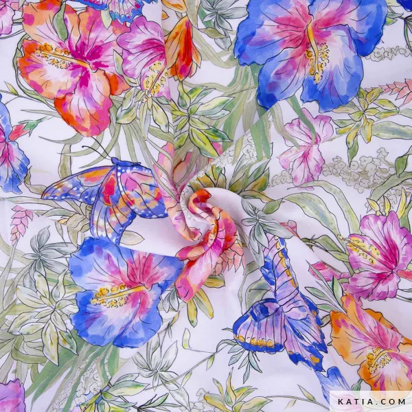 Viscose wit met bloemen en vlinders - Katia Fabrics