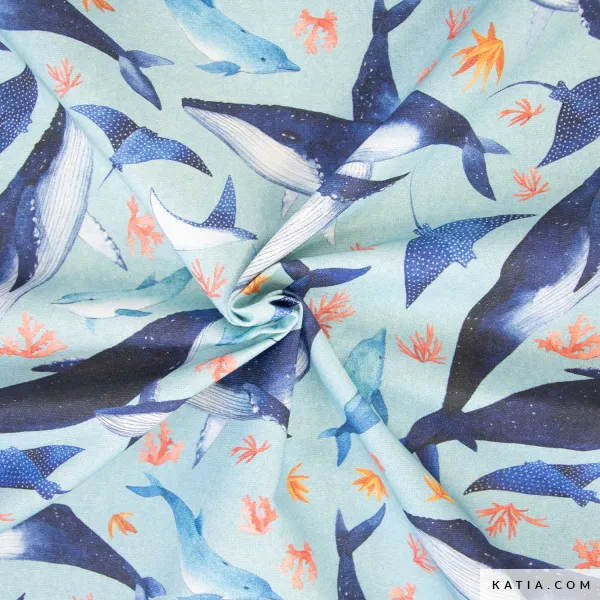 Canvas blauw met zeedieren - Katia Fabrics