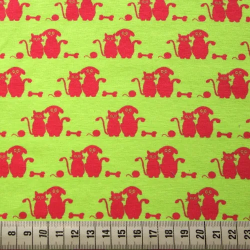 Biokatoen tricot met hondjes en poezen